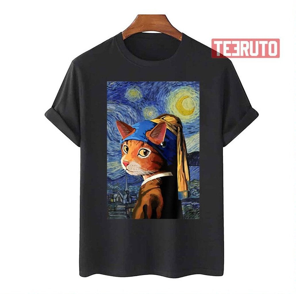 Cat Starry Night Cat Cat Art Van Gogh Style Unisex T-Shirt