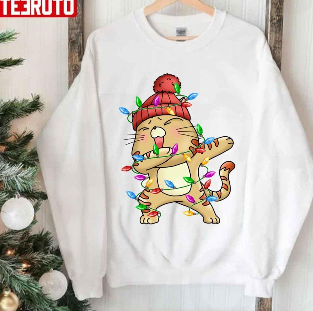 Cat Christmas Lights Santa Dabbing Through The Snow Unisex Sweatshirt