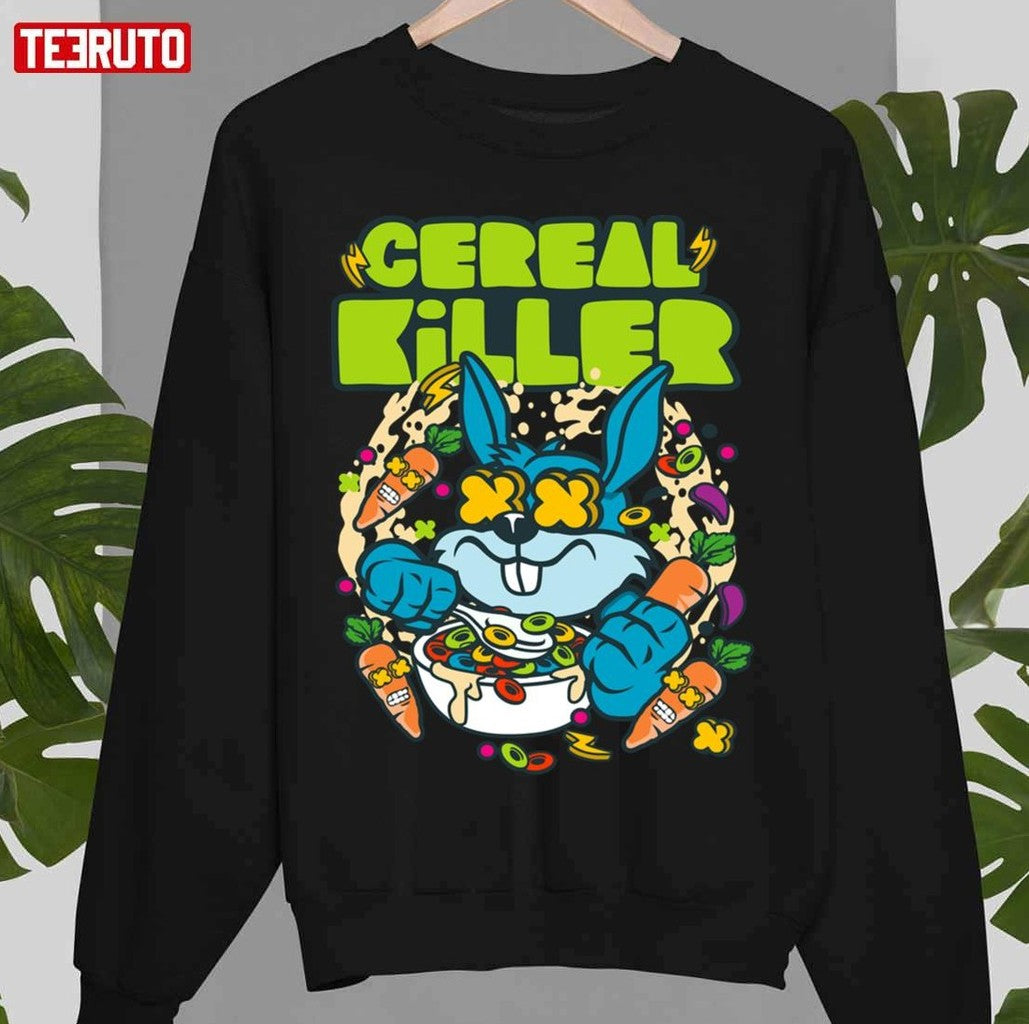 Cereal Killer Colorfully Illustrated Bunny Rabbit Crazy Carrots Unisex T-Shirt
