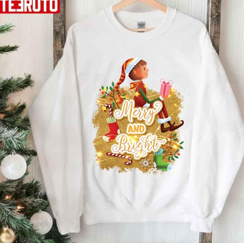 Cartoon Art Merry And Bright Christmas Saying Design Ktnjk Unisex Sweatshirt