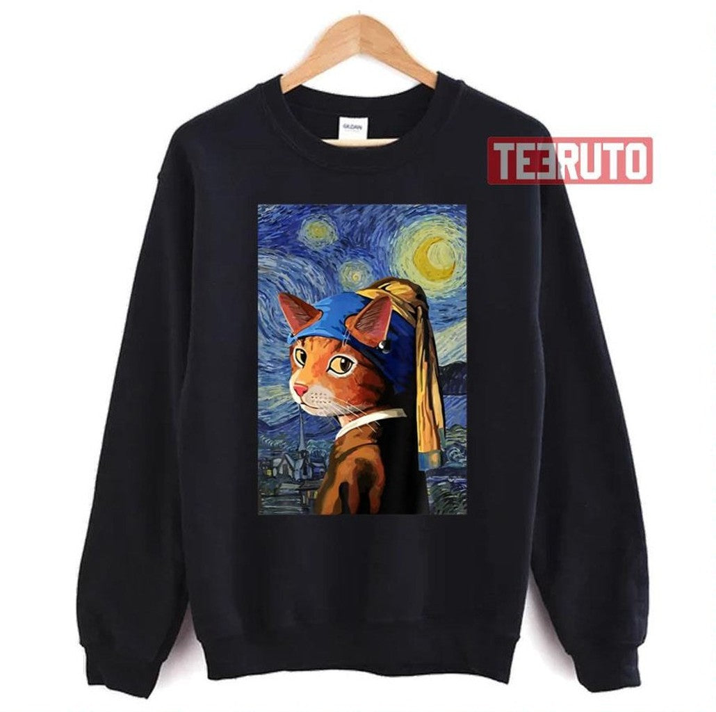 Cat Starry Night Cat Cat Art Van Gogh Style Unisex T-Shirt