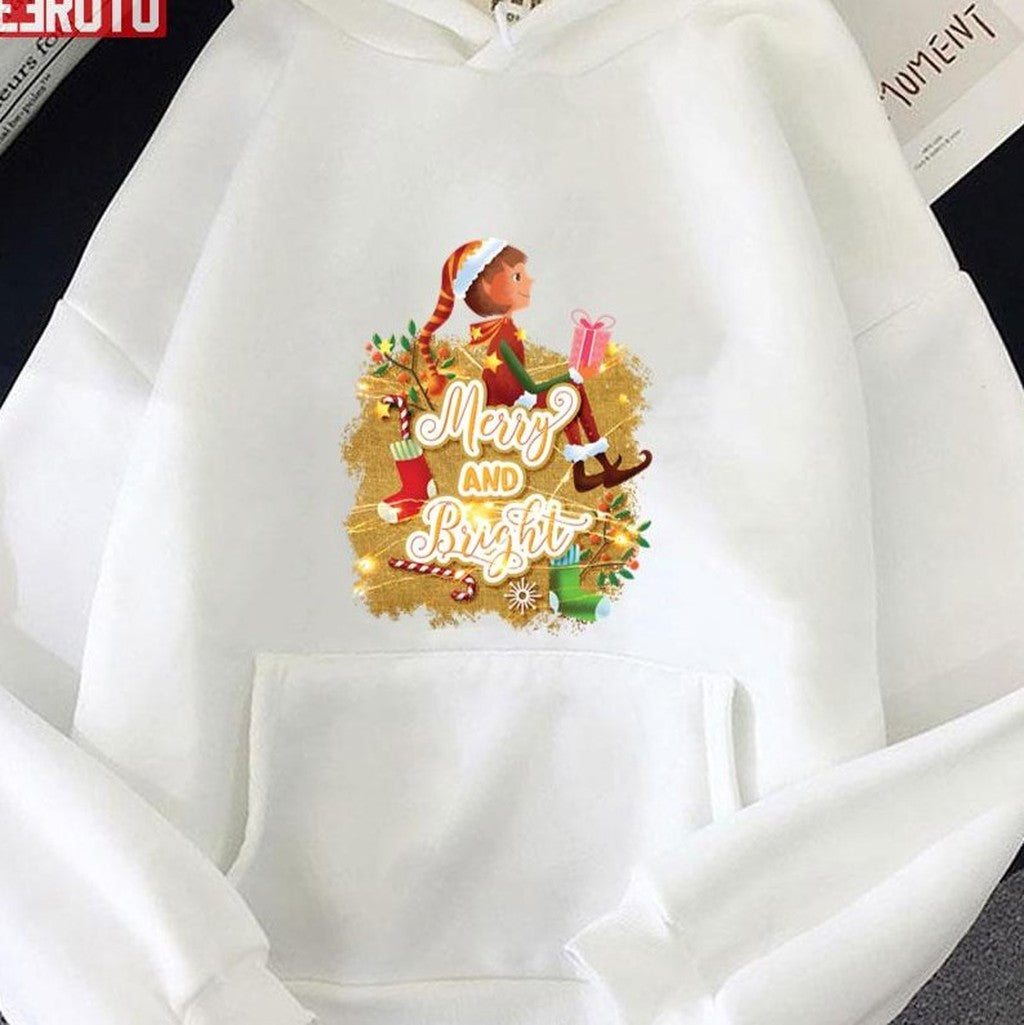Cartoon Art Merry And Bright Christmas Saying Design Ktnjk Unisex Sweatshirt