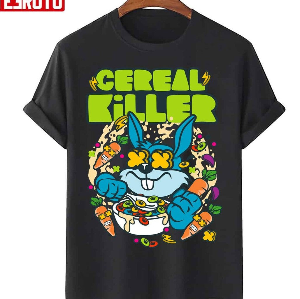 Cereal Killer Colorfully Illustrated Bunny Rabbit Crazy Carrots Unisex T-Shirt
