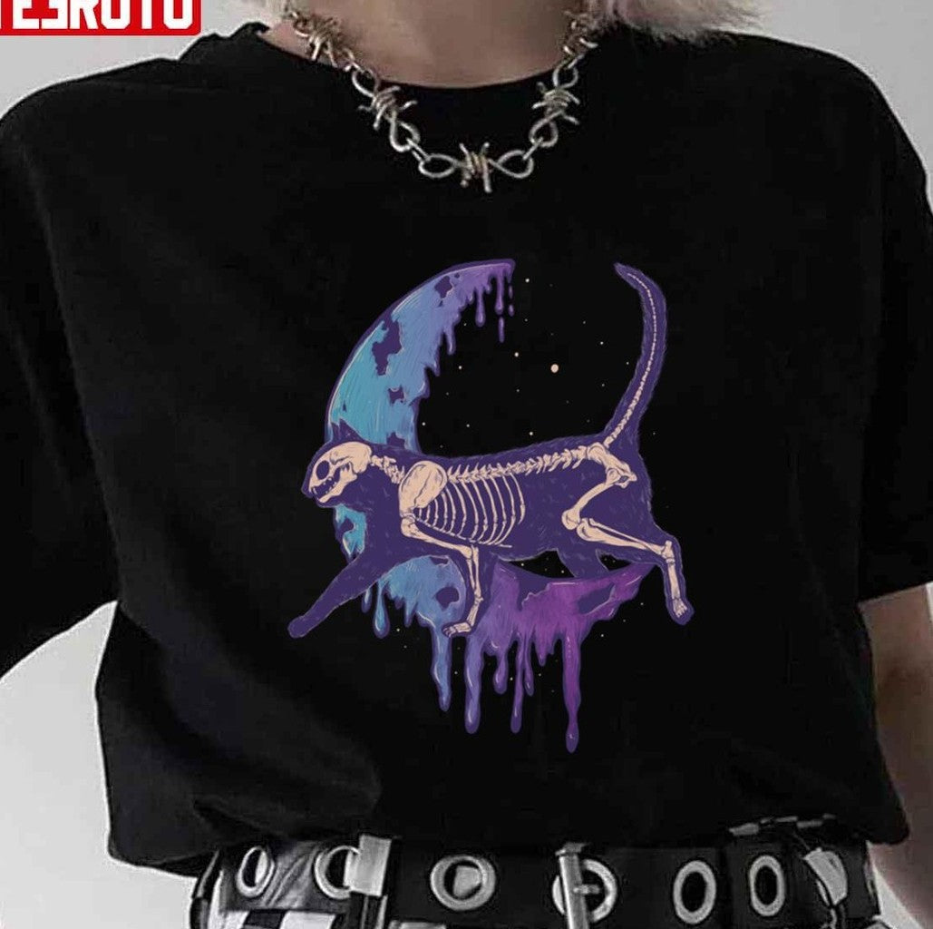 Cat Skeleton Over The Moon Halloween Unisex T-Shirt