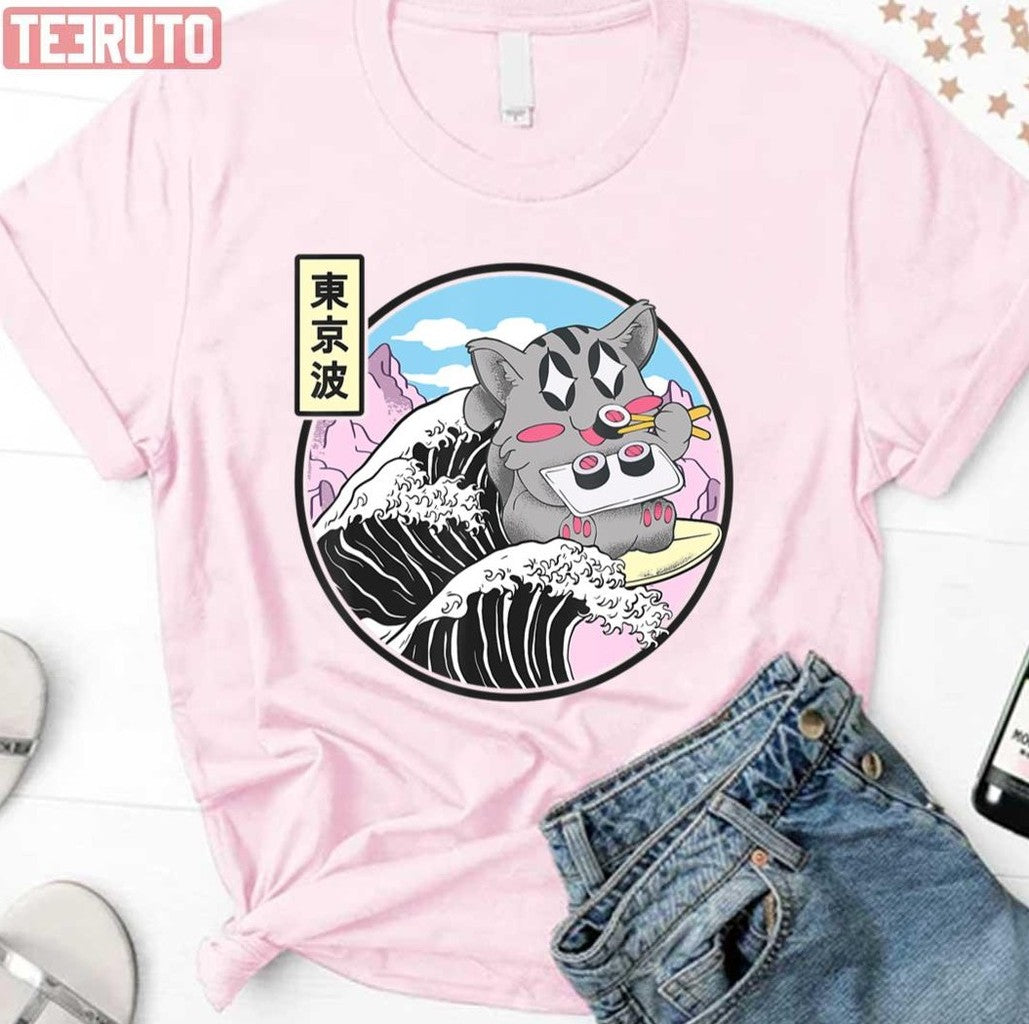 Cat Eating Sushi Surfing Kanagawa Wave Anime Cute Kawaii Cat Unisex Sweatshirt