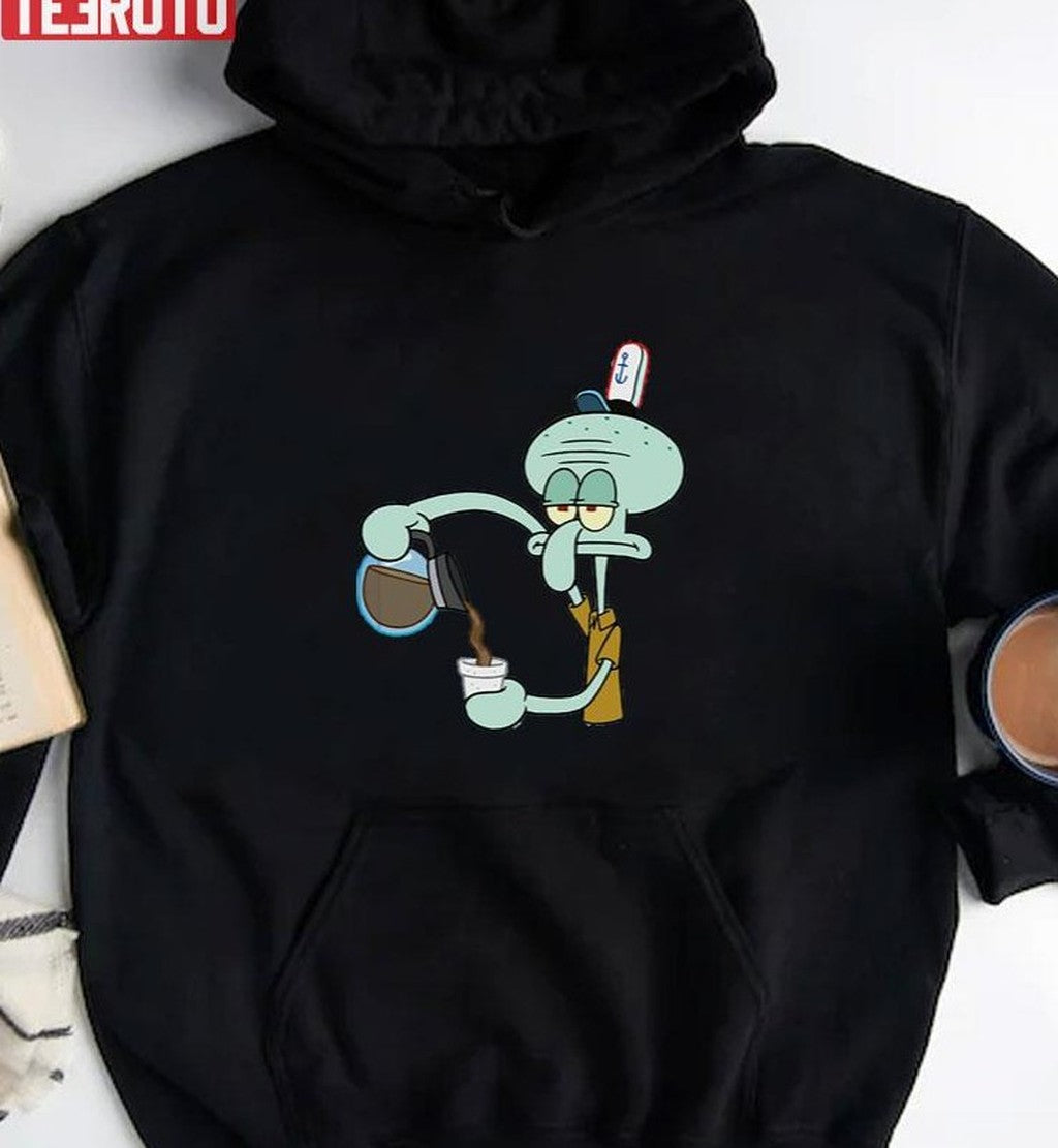 Cartoon Squidward Funny Drinking Coffee Unisex T-Shirt