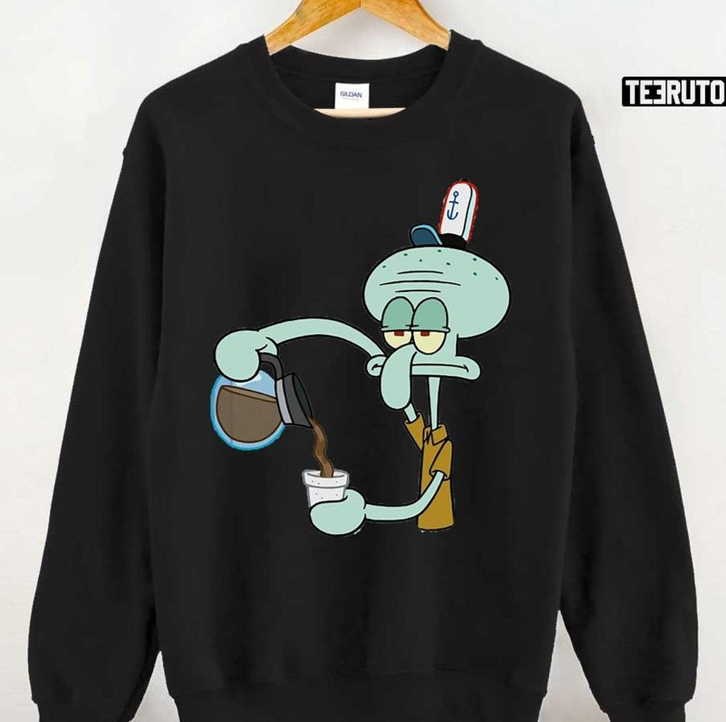 Cartoon Squidward Funny Drinking Coffee Unisex T-Shirt
