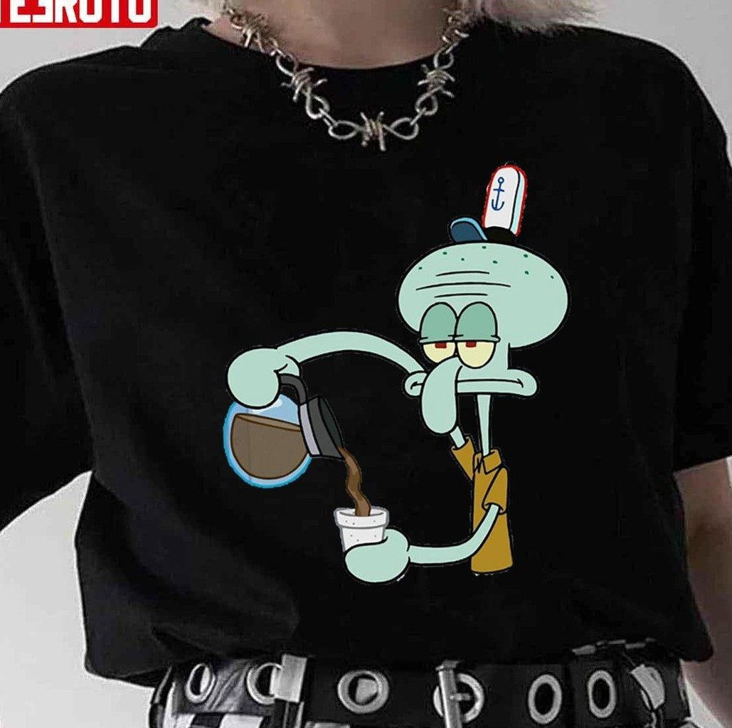 Cartoon Squidward Funny Drinking Coffee Unisex T-Shirt
