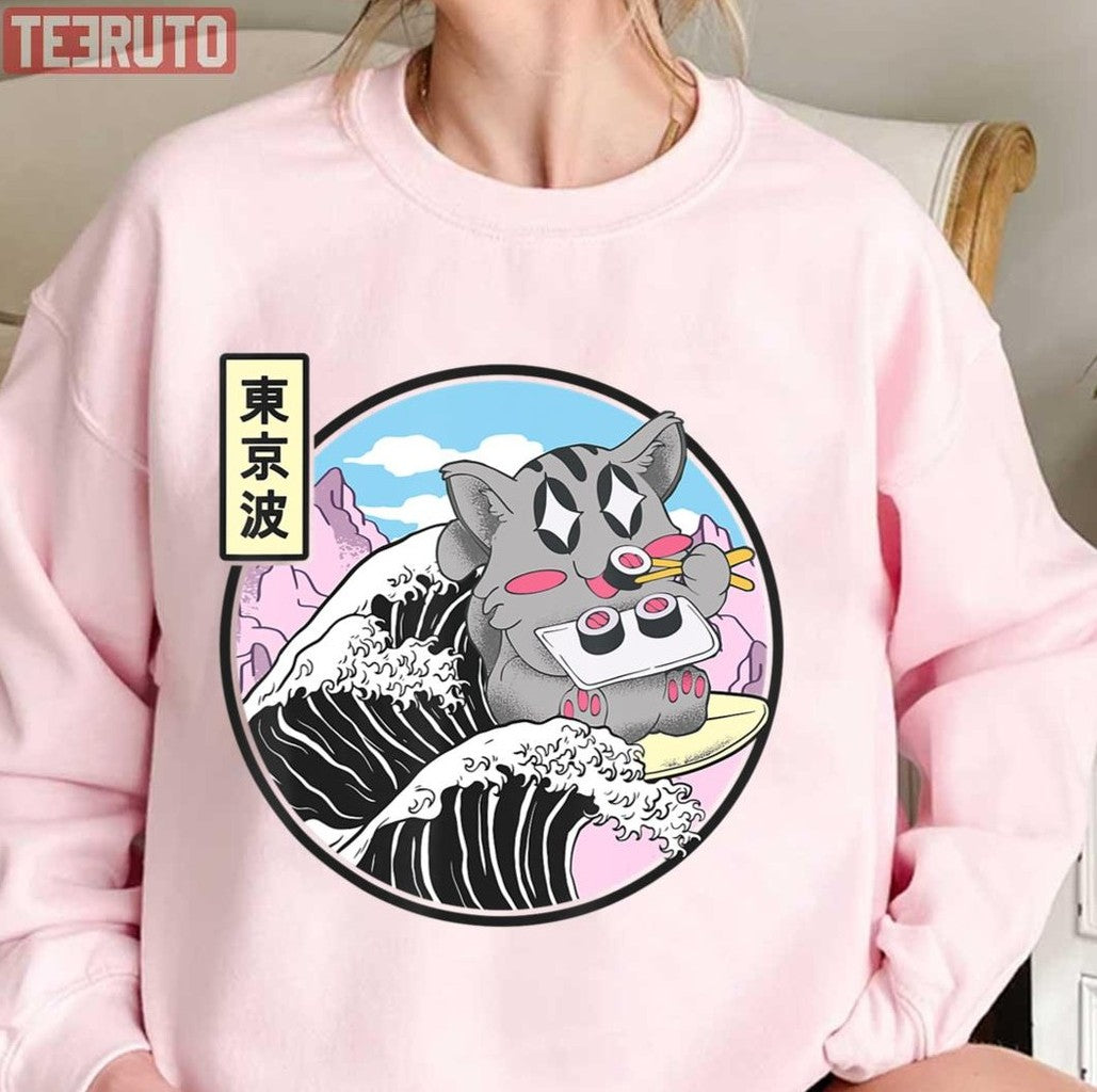 Cat Eating Sushi Surfing Kanagawa Wave Anime Cute Kawaii Cat Unisex Sweatshirt